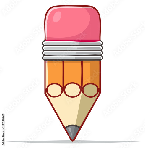 Cartoon illustration of a short sharpened pencil with a pink eraser