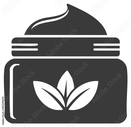 Natural organic skin care cream jar with plant leaf icon illustration