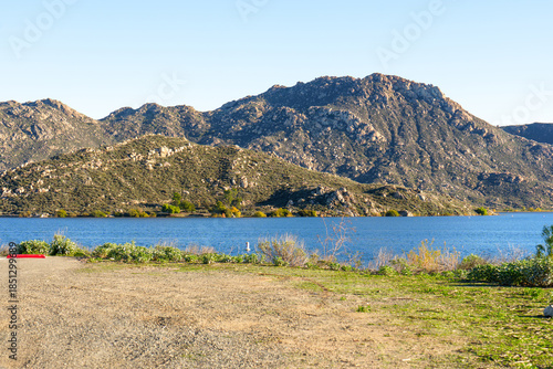 Lake Perris and Rugged Mountains Under a Clear Sky
