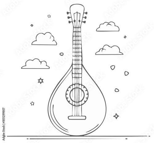 Vector illustration of a mandolin with clouds and stars, music instrument concept.