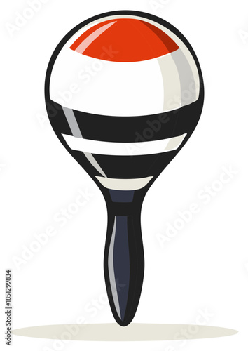 A stylized maraca with red, white, and black stripes, casting a shadow.