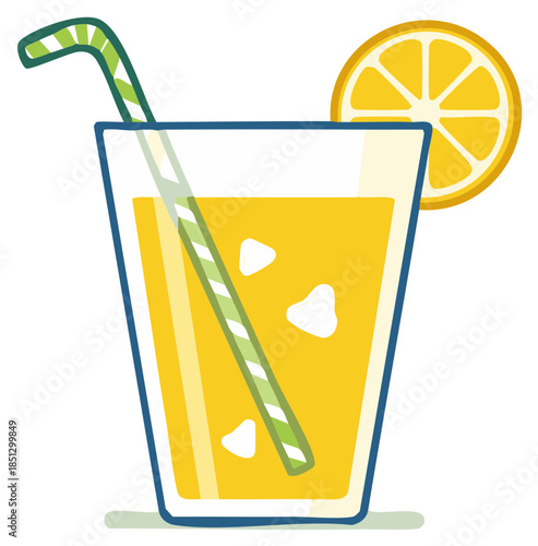 Refreshing glass of juice with ice, straw, and lemon slice