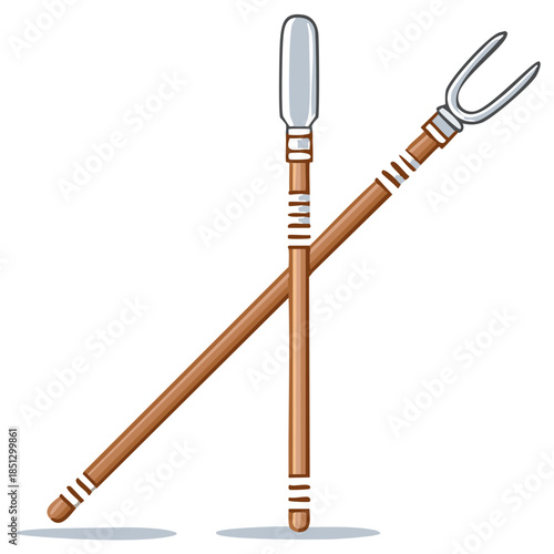 Two Cross Spears with Different Heads Vector Illustration Artwork, Hunting tools, defense weapon, military equipment isolated on white