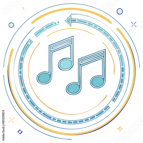 Stylized musical notes with a circular, abstract design and a repeat symbol, representing music and audio.