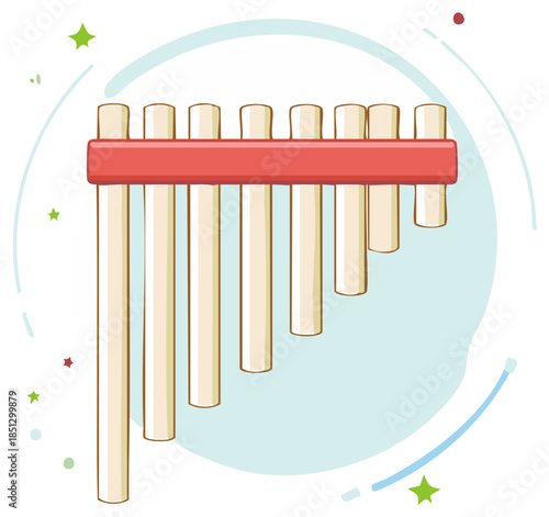 Illustration of a pan flute with a red crossbar and colorful star accents