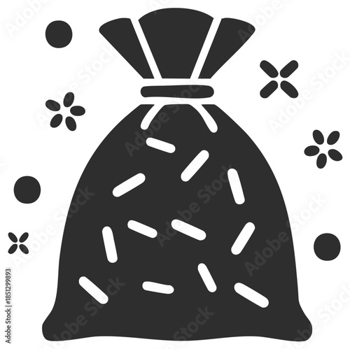 Monochrome vector icon of a tied garbage bag full of waste and rubbish with flies