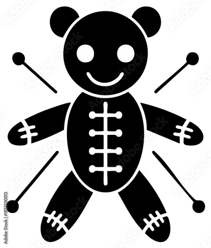 Smiling voodoo doll with pins graphic representing magic spell and occult themes