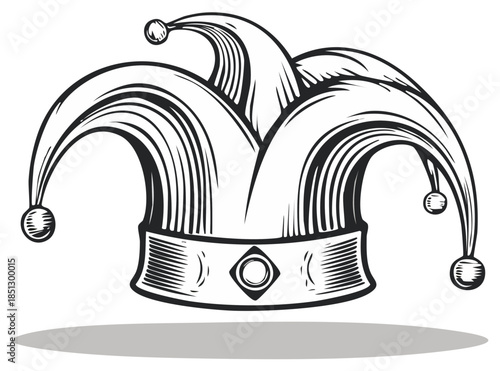 Hand-drawn Jester Hat Illustration with Three Tassels and Striped Details