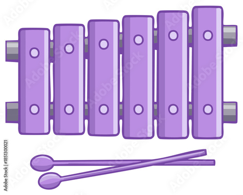 Purple toy xylophone musical instrument with mallets cartoon vector illustration