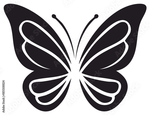 Elegant butterfly with decorative wings, isolated black and white vector illustration, nature icon