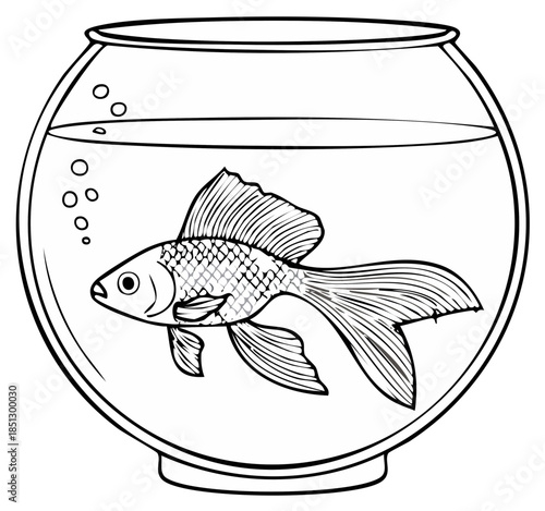 Black and white illustration of a goldfish swimming in a round fishbowl with bubbles