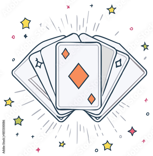 A fan of playing cards with diamond symbols and sparkling effects, representing luck and winning