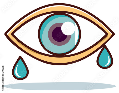 Stylized blue crying eye illustration, tears falling, emotional expression concept, cartoon rendering of sorrow and sadness.