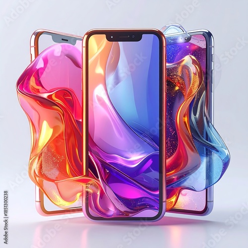 Three colorful phones with abstract liquid designs