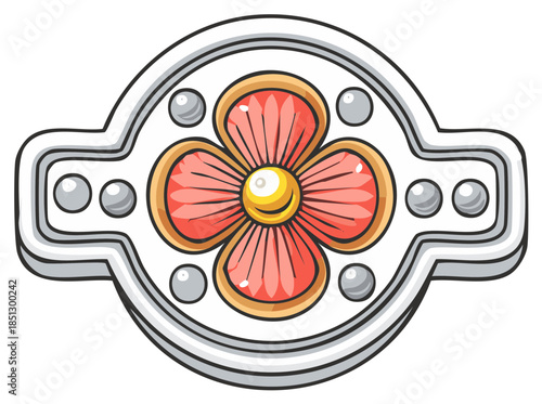 Ornate silver brooch with a pink flower and pearl details vector illustration