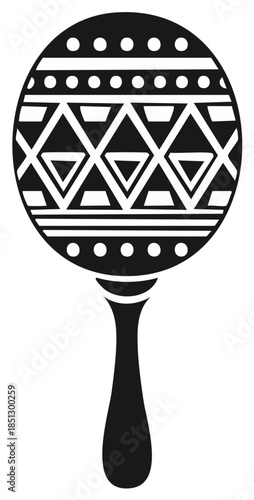 Tribal patterned maraca musical instrument illustration in black and white