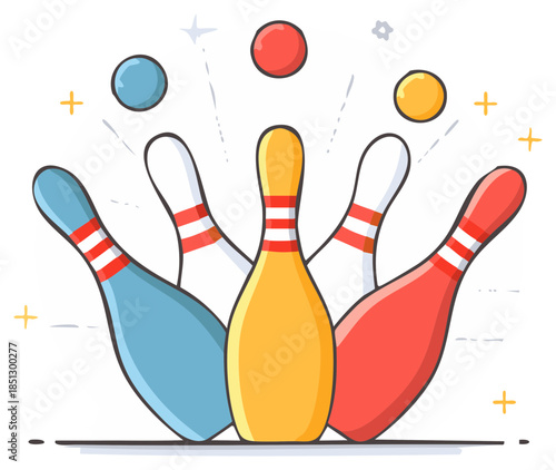 Colorful bowling pins falling with balls in action cartoon illustration