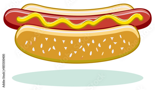 Cartoon Hot Dog with Mustard in Bun Vector Illustration