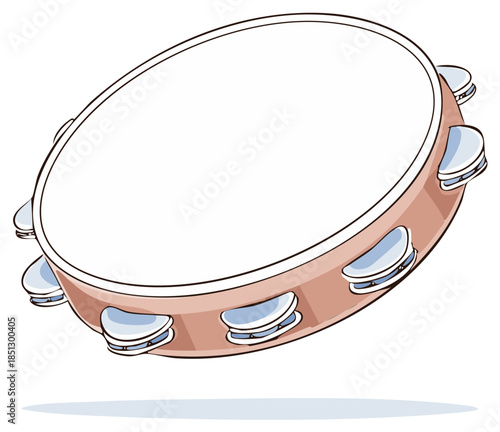 Vibrant cartoon tambourine musical instrument with metallic jingles and a white drumhead