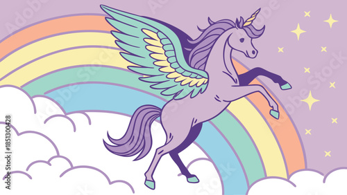 Mythical unicorn with wings flying over rainbow and clouds Vector