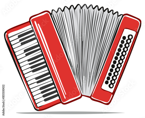 Vibrant red accordion illustration with keys, bellows, and buttons evokes musical tradition