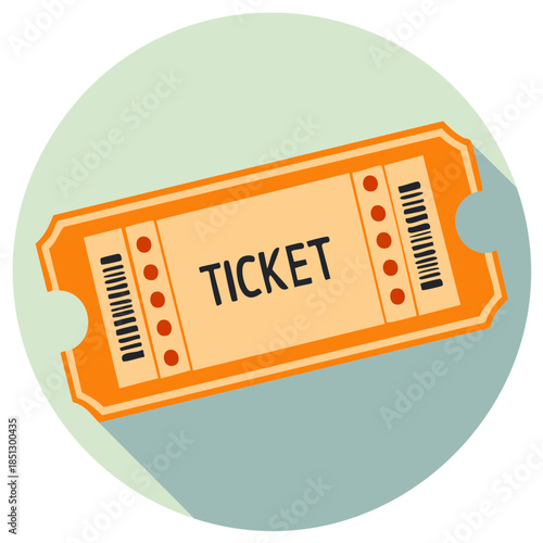Classic orange admission ticket with barcode and retro style flat design icon for event entry