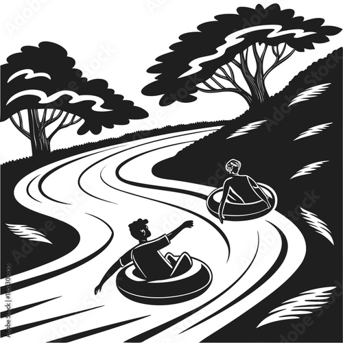 Two people enjoying a leisurely ride down a winding path Vector