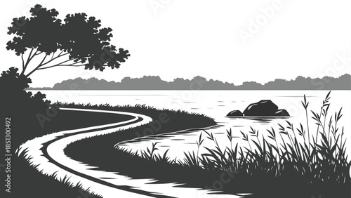 Serene lake scene with winding path and trees Vector