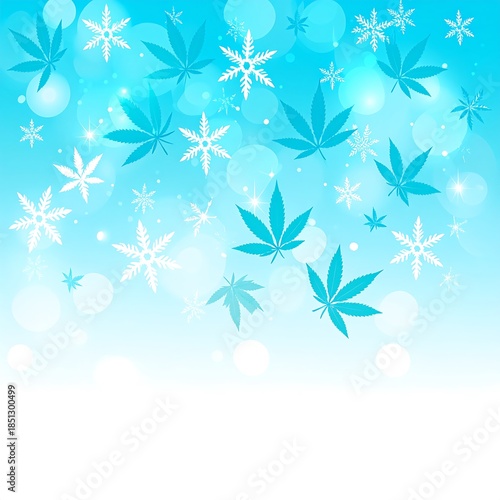 Teal and white winter background with snowflakes and cannabis leaves