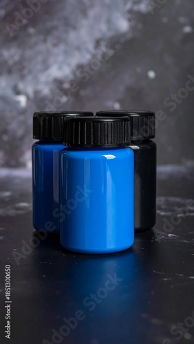 Three containers, blue and black, on dark surface