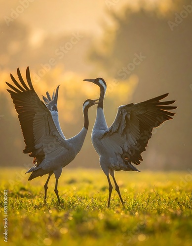 Three cranes in a field at dawn
