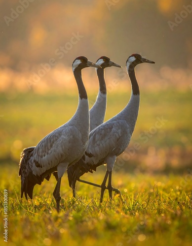 Three cranes in a field at sunrise