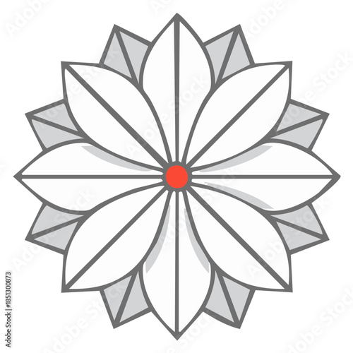 Geometric White Flower with Red Center and Gray Background Design Element
