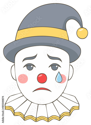 Sad clown face with teardrop wearing jester hat and ruffle collar illustration