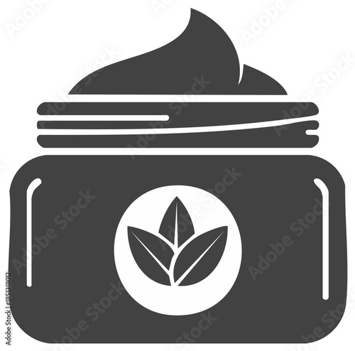 Jar of face cream with herbal leaves, natural beauty product icon for cosmetic use.