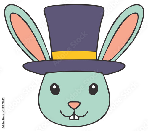 Adorable cartoon rabbit character head with large ears wearing a purple magician's top hat