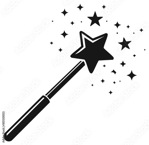 Stylized star tipped magic wand with sparkling stars emanating outward
