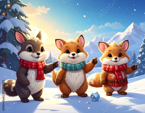 Three cute foxes in winter wonderland