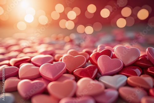 Pink Red Heart Candy Flat Lay Background with Warm Bokeh Valentine's Theme