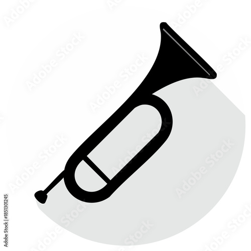 Black silhouette of a bugle or fanfare horn with a shadow
