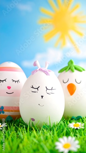 Three decorated Easter eggs in grass