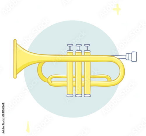 A simple cartoon illustration of a classic yellow trumpet musical instrument