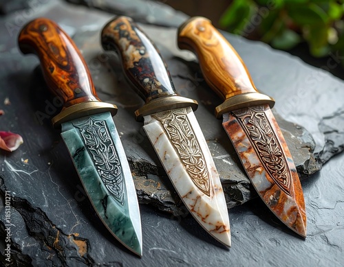 Three decorative knives with intricate stone handles