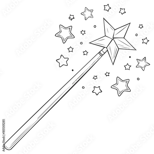 Sketch of a magic wand with stars, black and white line art vector illustration for coloring