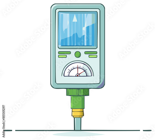 Cartoon electronic meter with a probe showing positive data and an upward trend on a digital screen