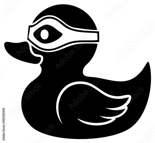 Stylized black rubber duck wearing pilot goggles or a superhero mask a playful bath toy icon