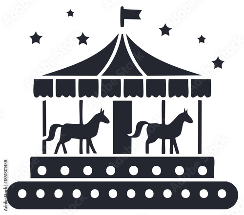Black Carrousel Ride Silhouette with Horses and Stars Icon Vector