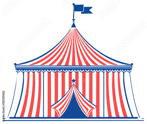 Illustration of a red, white, and blue striped circus tent with a flag.