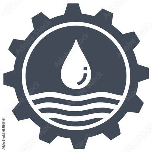 Water treatment plant operations symbol, water droplet, gear wheel icon, water conservation efforts, water purification solutions vector emblem