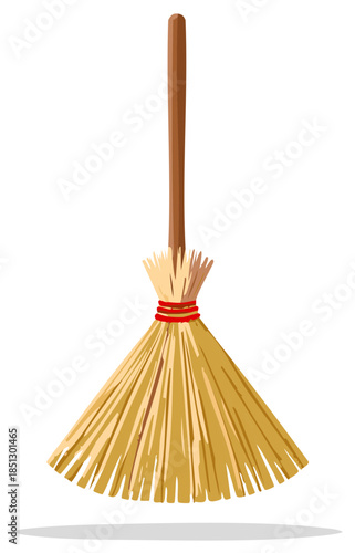 Rustic Straw Broom with Wooden Handle and Red Binding